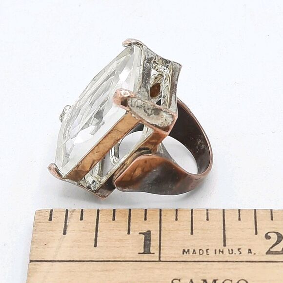 Vtg Chunky Swarovski Emerald Cut Cocktail Ring w/Silver-Toned over Copper Size 7 - Picture 10 of 12